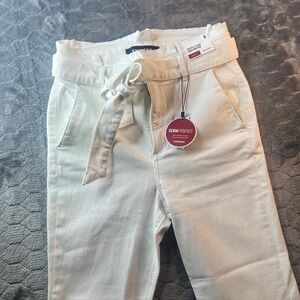 Express Denim Perfect Super High Rise Cropped Legging White Tie Waist Jeans 8